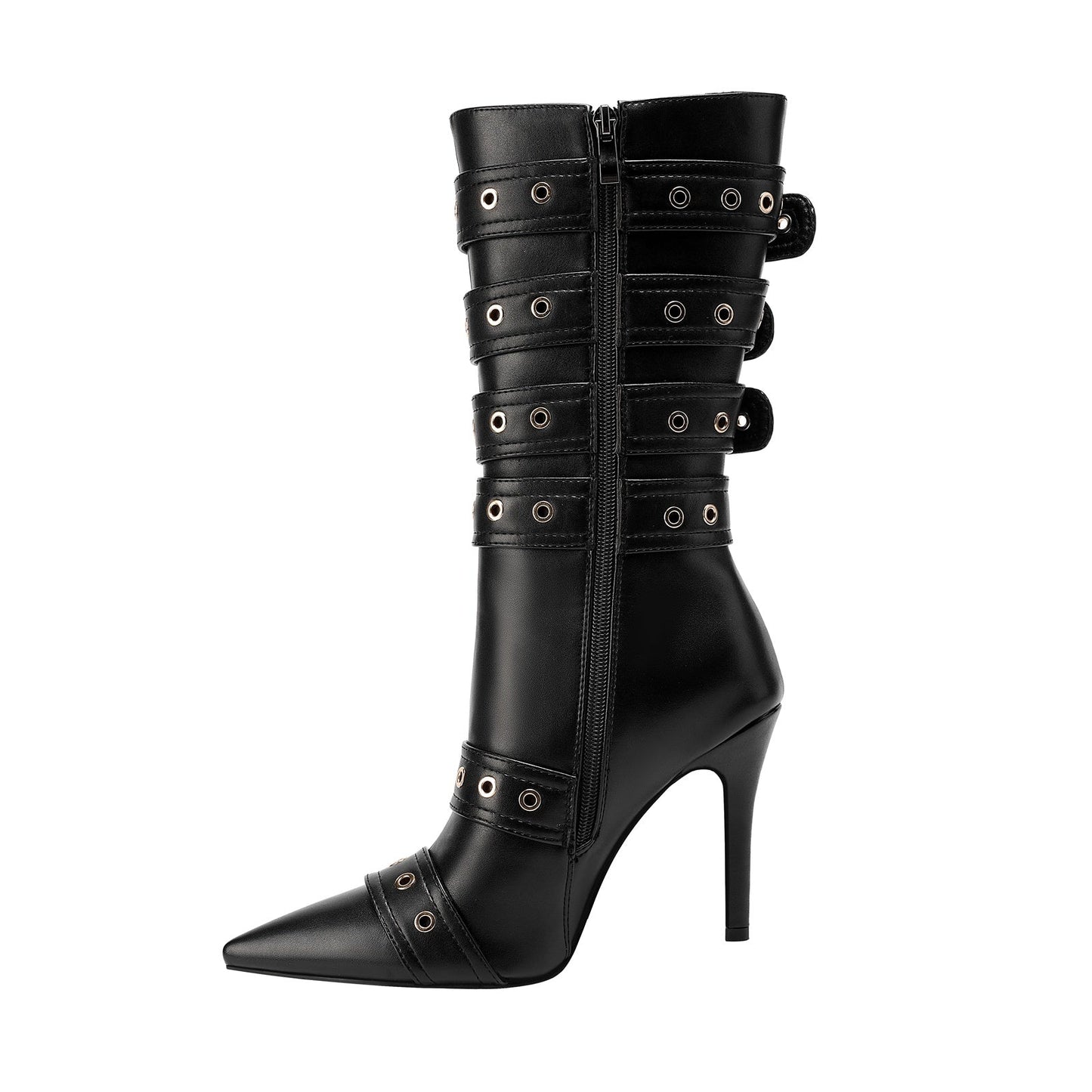 Dominatrix Leather Buckle Strappy Knee High Boots-0