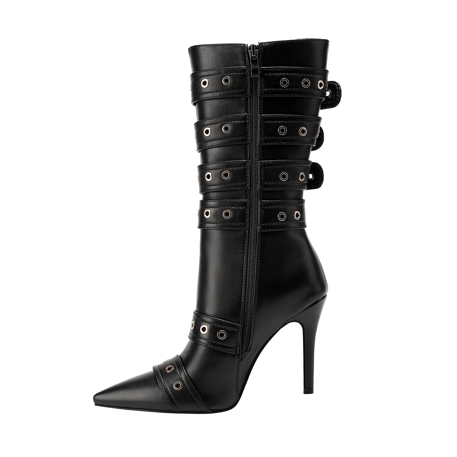Dominatrix Leather Buckle Strappy Knee High Boots-0
