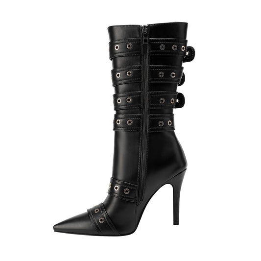 Dominatrix Leather Buckle Strappy Knee High Boots-0