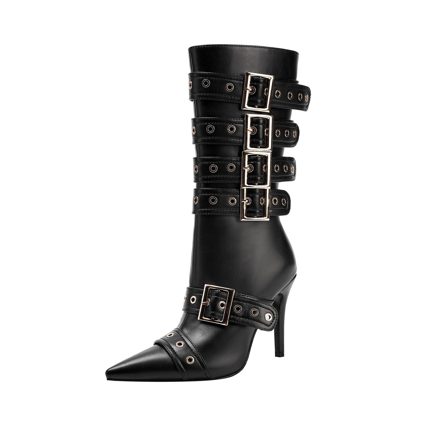 Dominatrix Leather Buckle Strappy Knee High Boots-4